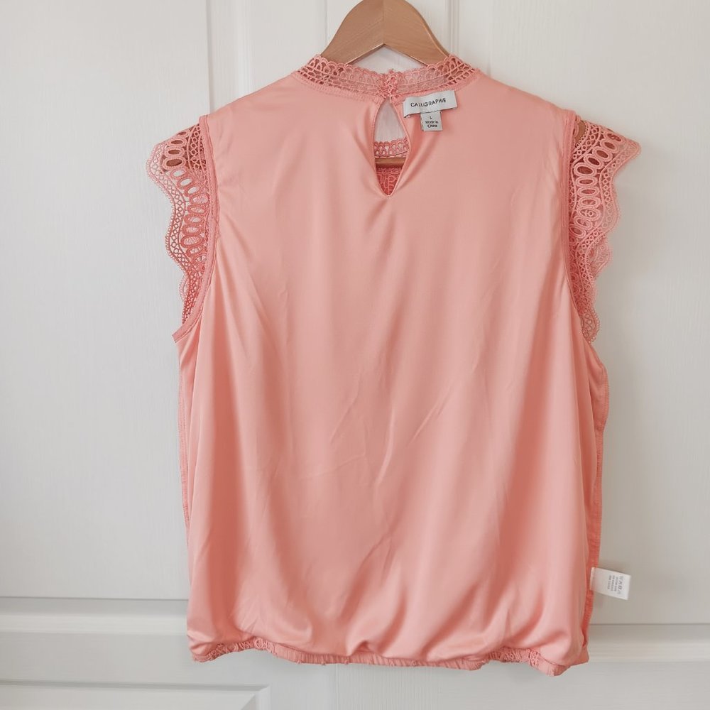 Calligraphie Women's Coral Swiss Dot Lace Trim High Neck Sleeveless Top Size L - Picture 8 of 15